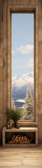 Cozy cabin interior with wood, brown, and white, showcasing a snowy mountain view and fireplace, perfect for winter holidays. 
