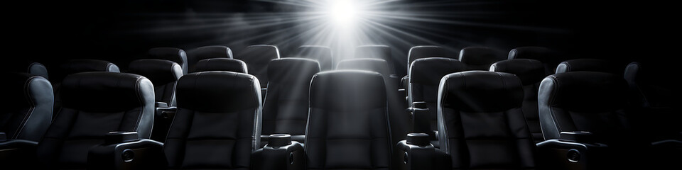 Black leather seats in a dark movie theater with a bright spotlight, evoking anticipation and excitement for the upcoming film. 

