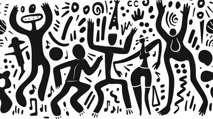 Black and white dancing cartoon characters with musical notes.