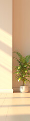 Obraz premium Minimalist interior design with a green plant in a white pot, showcasing a serene and peaceful atmosphere. 