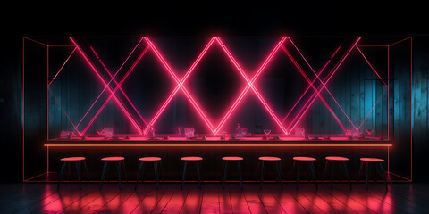 Fototapeta premium Neon pink lights illuminate a dark bar with stools, creating a futuristic and mysterious atmosphere. 