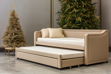 Beige sofa bed with pull-out mattress and a golden Christmas tree, for cozy winter holidays. 
