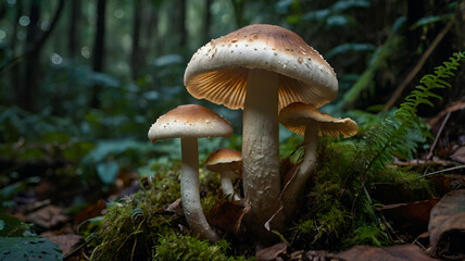 Agaricus bisporus mushrooms in jungle
