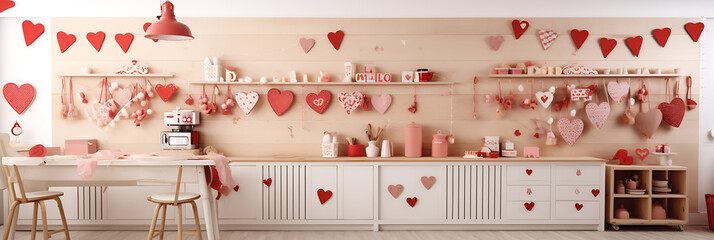 Romantic kitchen decor with red and white hearts for Valentine's Day. 
