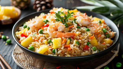 Appetizing shrimp fried rice with pineapple and vegetables, a delicious and colorful Asian cuisine. 
