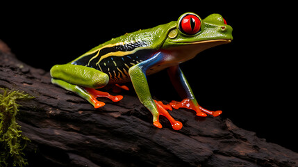 A vibrant green and red frog perched on a branch, showcasing the beauty of nature and wildlife. 

