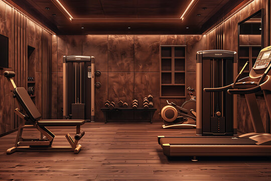 Modern gym interior with brown tones and luxury equipment, perfect for a health and fitness website or advertisement. 
