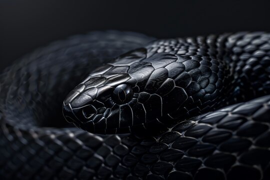 A highly realistic black-skinned Iberian snake with a curled body and a dark green backdrop.