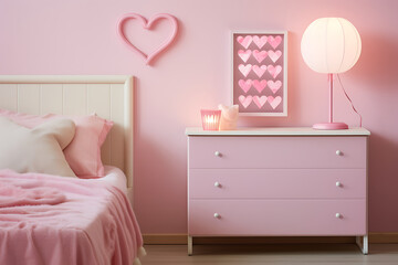 Romantic pink bedroom decor Valentines Day pastel pink hearts cozy love.
