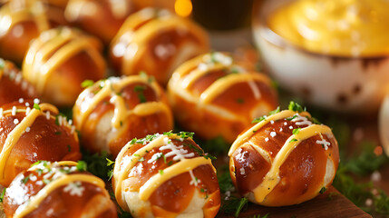 Golden brown pretzel bites drizzled with yellow cheese sauce, perfect for game day snacks. 
