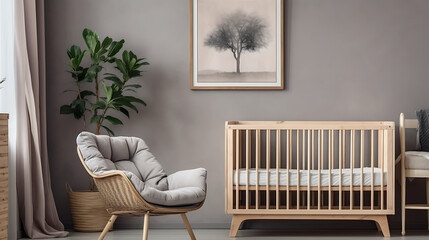 A modern nursery with a wooden crib and a grey armchair, perfect for a new baby. 

