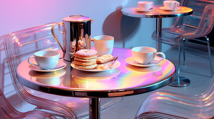 Pastel pink and blue holographic table with donuts and coffee in a cafe setting, a modern and stylish breakfast scene for a stylish food blog. 
