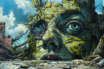 A green and yellow cracked face mural on a crumbling wall, symbolizing nature's resilience and hope in a post-apocalyptic world. 
