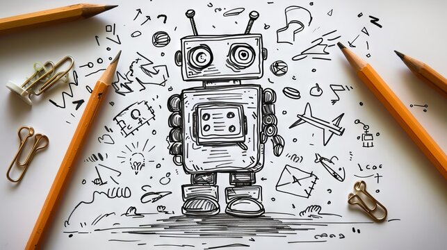Cute robot character drawn on paper with pencils and paperclips around it.