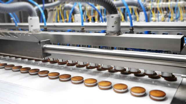 Robotic assembly of choco pie cookies on automated production line.