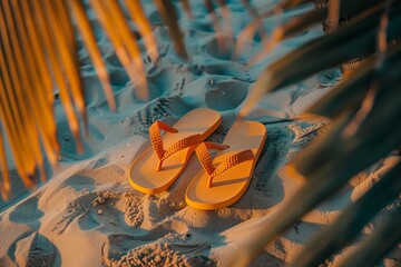 A pair of yellow flip flops are on the sand