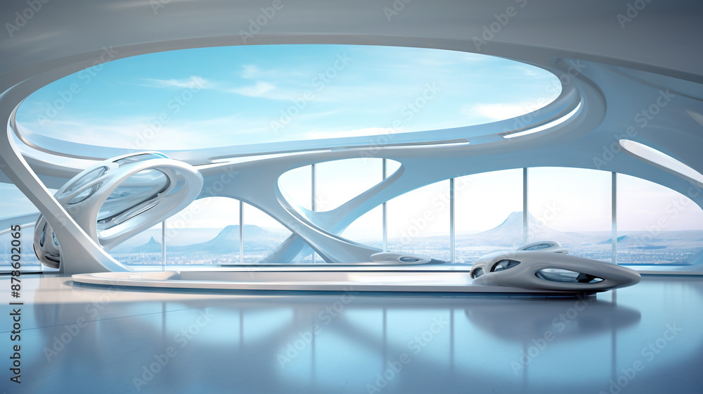 Aufkleber Abstract architecture scene with smooth curves. Abstract background with futuristic building in white and blue colors.