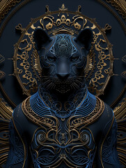 Obraz premium A woman with a tiger on her head is surrounded by gold and blue. The tiger is black and has a golden crown on its head