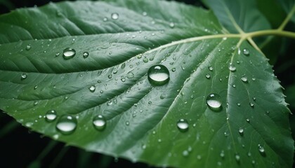 close-up of water droplets on a green leaf, ad shot, copy space for text

