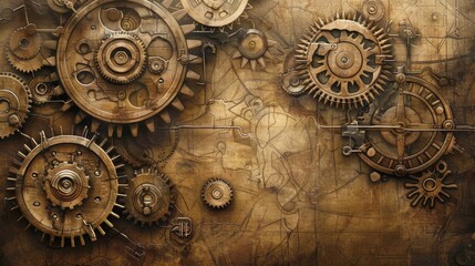 Naklejka premium Intricate Vintage Gears and Mechanical Parts Illustration with Sepia Tone for Engineering Design and Print