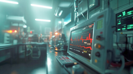Naklejka premium Close-up of an oscilloscope displaying signal readings in a high-tech laboratory environment.