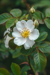 Flower of Rosehip. Up close on a bright summer's day, a flowering rosehip shrub. Rose hip branches with delicately pink blossoms.