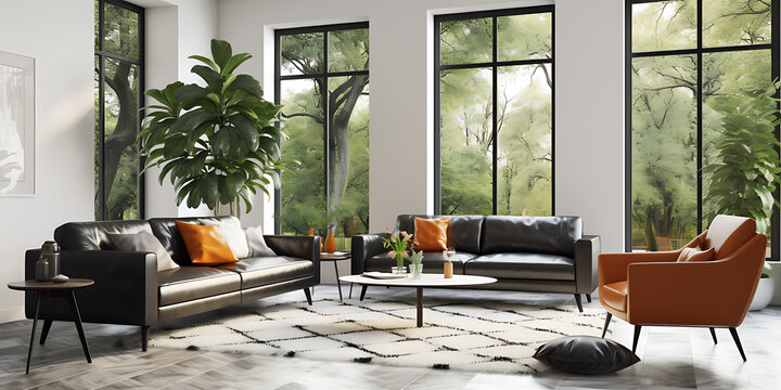 Modern living room with black leather sofas and orange accent chair, a perfect setting for relaxation and comfort. 
