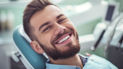 medicine, dentistry and healthcare concept - happy smiling male patient on chair at dental clinic