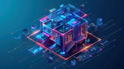 Smart city or intelligent building isometric vector concept. Smart home control concept. Concept home with technology system. 3d
