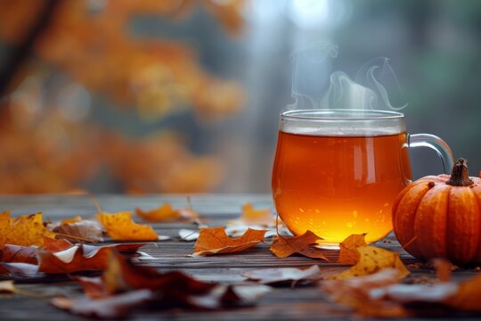 transparent cup of tea, with autumn foliage and pumpkin. Blurred autumn tree background with hot steaming cup of tea on the wood teable. place for text