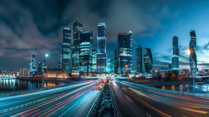 Fototapeta premium Modern cityscape featuring skyscrapers and office buildings, ideal for business and travel themes, capturing the vibrant