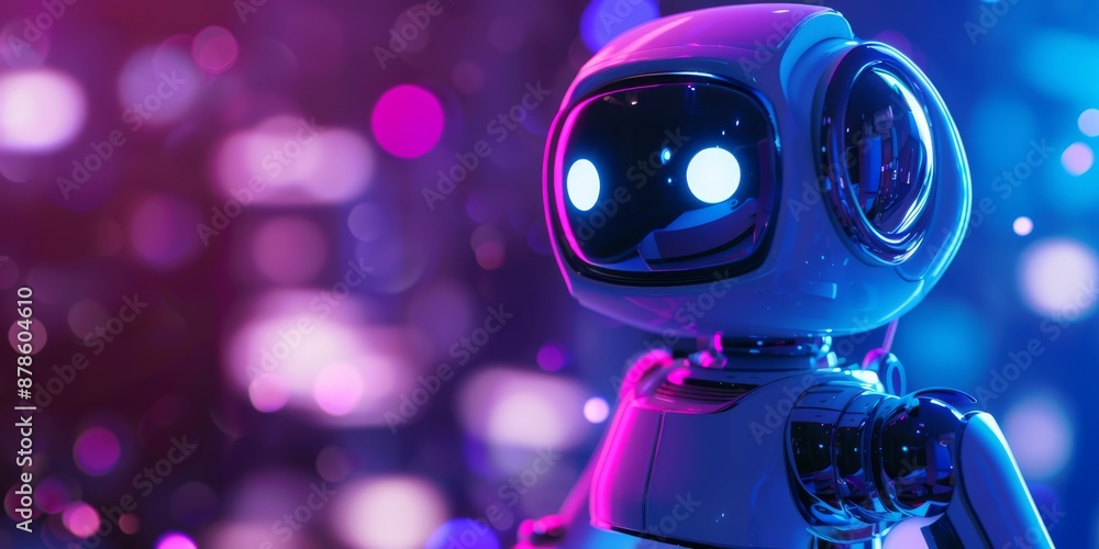 Poster a futuristic robot with glowing eyes surrounded by neon lights and a bokeh background, creating a me