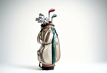 professional golf bag and clubs, isolated white background
