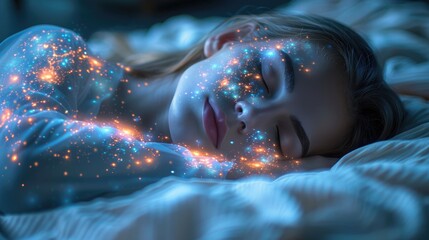 A serene figure sleeping with a glowing brain overlay, representing deep biochemistry interactions during REM sleep, pastel colors