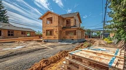 New house under construction with blue sky background