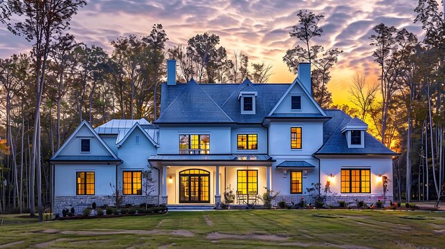 Stylish suburban French Provincial home with a light blue exterior, forest clearing, sunset,