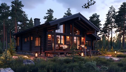 Stylish suburban log cabin with a dark wood exterior, forest clearing, twilight,