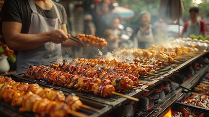 Naklejka premium Families gathered for a festive parade, vibrant floats passing by, while nearby grills sizzle with delicious food for a grand reunion picnic
