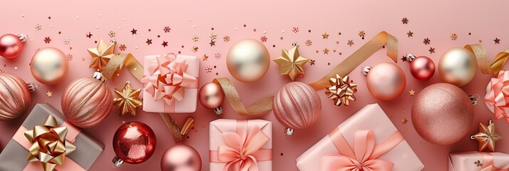 A pink background with a bunch of Christmas ornaments and gifts