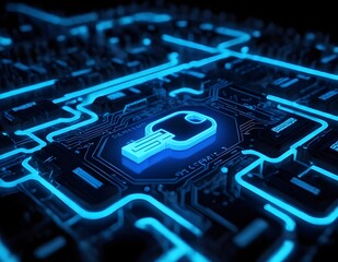 Glowing blue Digital Key On Circuit Board, importance of cybersecurity in digital age Secure access