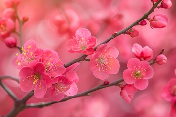 Naklejka premium Pink flowers on a branch with a pink background