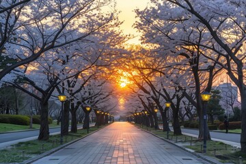 Naklejka premium A path lined with cherry trees leads to a building