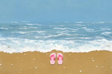 A pair of pink flip flops are on the beach