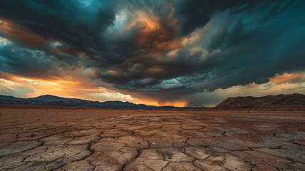 Moody Desolate Desert Landscape with Cracked Earth and Dramatic Clouds