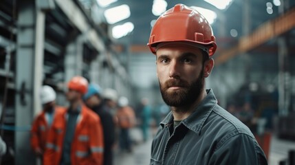 Portrait of a confident worker in a factory wearing hard hat with business people in background