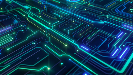 Neon Circuit Board Pattern with Glowing Blue and Green Lines