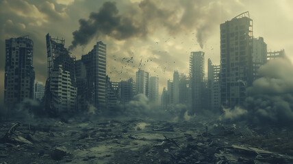 Post-Apocalyptic Cityscape with Crumbling Buildings and Overcast Skies
