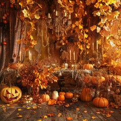 Obraz premium A cozy autumnal setup with Halloween decorations, featuring pumpkins and warm candlelight