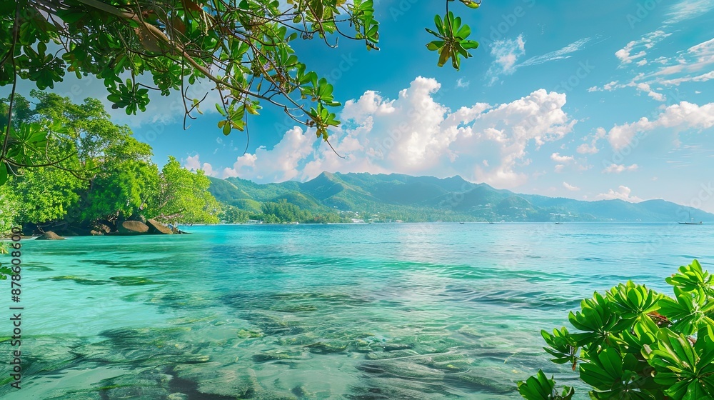 Wall mural tropical paradise: idyllic beach with clear waters and lush greenery