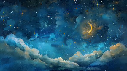 Artistic Starry Night Sky with Twinkling Stars and a Crescent Moon